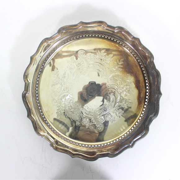 Large Round 12” Silver Plated Gallery Tray with a Wide Lip, Embossed Detail - Picture 6 of 9